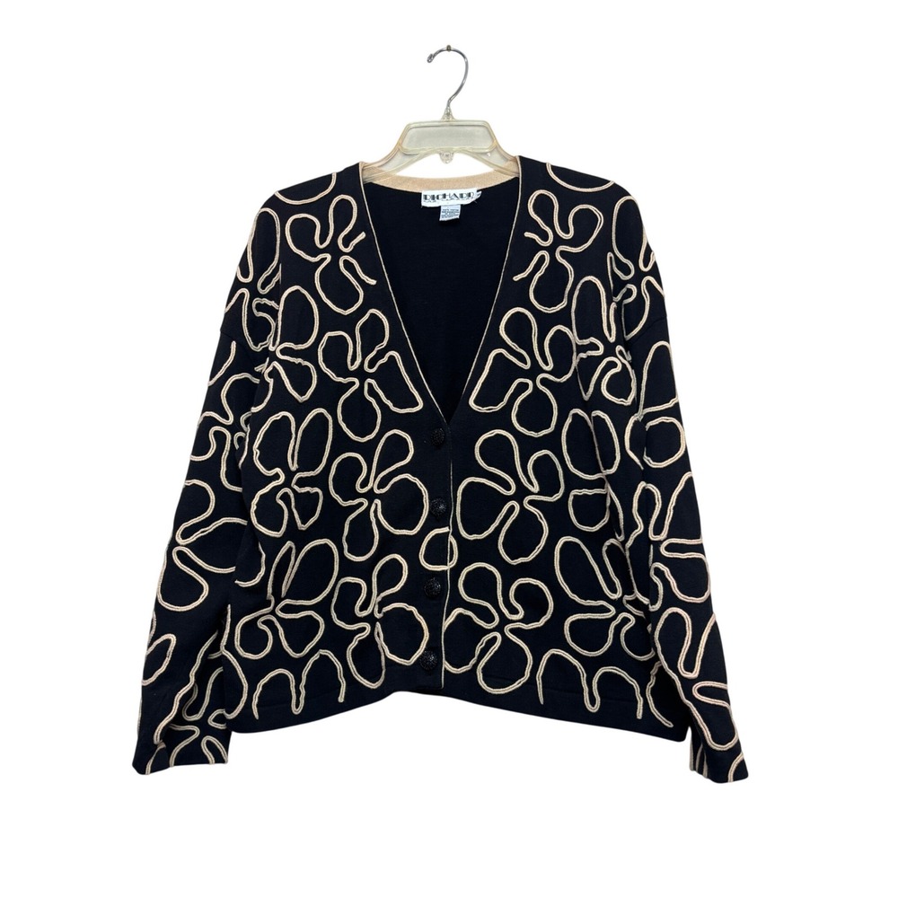 Vintage 90s Cardigan Womens Medium Black Floral Embroidered Cotton V-Neck Retro